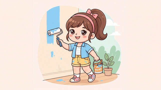 Cute girl wearing shorts painting wall with paint roller cartoon mascot vector illustration with bold outlines on light background