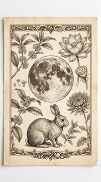 Victorian botanical book plate engraving of a seated hare, full moon, flowering lotus pod, chrysanthemums, and osmanthus inside ornate floral frame.