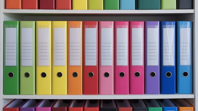 Organized Rainbow Colored Office Binders Lined Up On White Shelves for Efficient Document Filing and Workspace Management