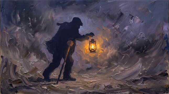 Gandhi inspired activist with lantern in stormy impasto painting anthology