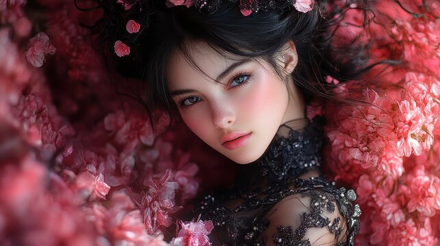 Young woman with dark hair posing amidst vibrant pink flowers and floral petals