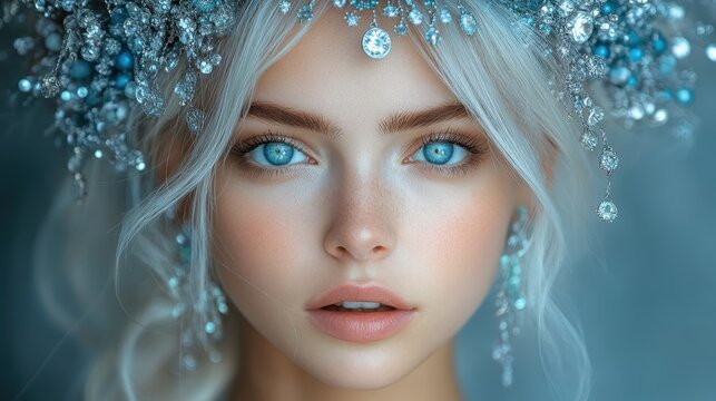 Portrait of a beautiful woman with blue eyes wearing a sparkling crystal winter headpiece.