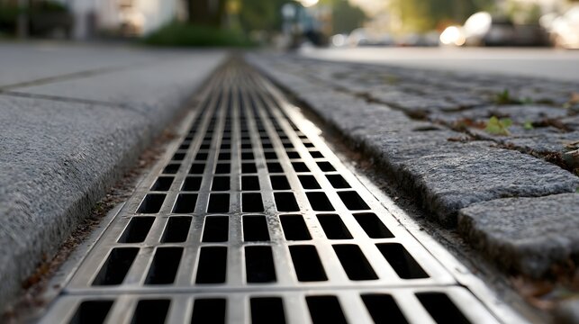 Close up view of a metal drainage grate running along a stone paved sidewalk with blurred background