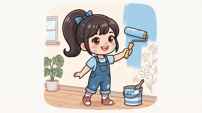Cute girl wearing shorts painting wall with paint roller cartoon mascot vector illustration with bold outlines on light background