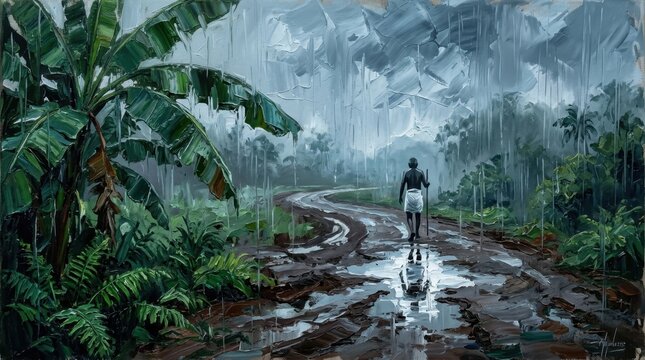 Solitary figure along a muddy tropical jungle path under stormy rainstorm