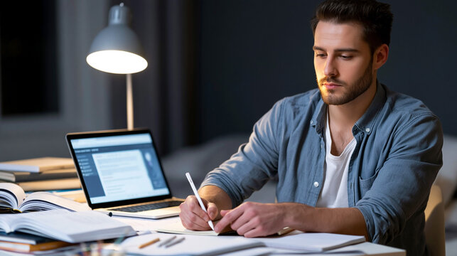 Focused young man studying and writing notes at desk with laptop and books in dark home office, representing education, remote learning and productivity