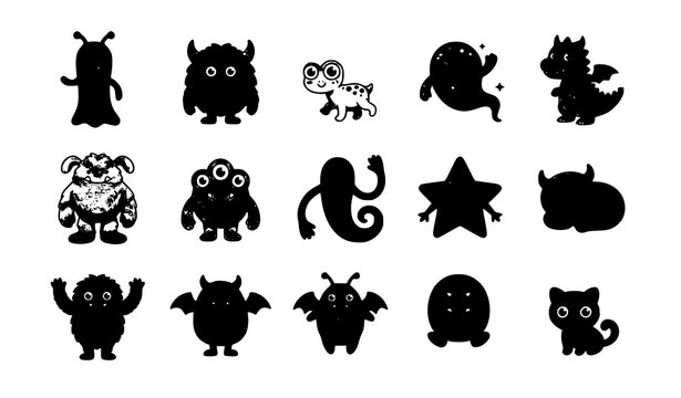 Set of cute black silhouette monster icons with different shapes eyes and horns for kids and Halloween designs
