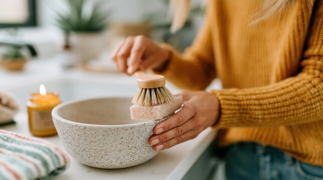 A woman joyfully scrubs dishes in a light-filled kitchen, emphasizing the simple pleasures of daily life and the connection between cleanliness and comfort.