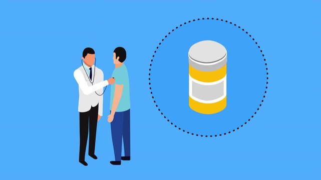 Medical consultation animation featuring doctor examining patient with stethoscope and rotating pharmaceutical icons on blue background.