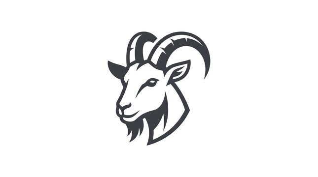 Monochrome vector illustration of a stylized goat head with curved horns, perfect for modern logo designs, sports mascots, or brand identities.