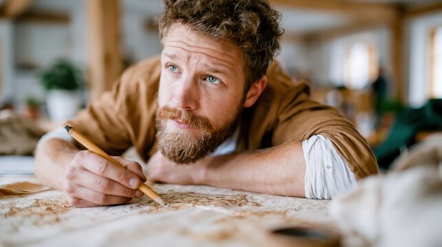 A contemplative man with a beard draws detailed plans on a parchment paper, reflecting creativity and focus in a rustic, well-lit workspace filled with inspiration.