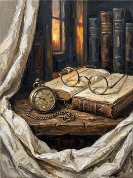 Antique timepiece and glasses on worn books in a historic study target