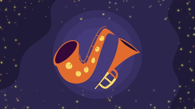Animated cartoon jazz instruments saxophone and trumpet dance in dark starry sky with glowing particles.