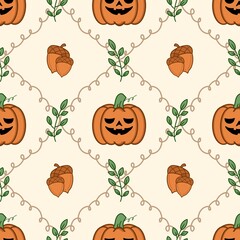 Cute Halloween pumpkin and acorn seamless pattern design © Rahma Nabila