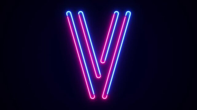 Neon letter V with on black, neon alphabet for banner, english alphabet in glow style. All capital alphabets neon animation, pink blue neon font letter animation, led letter, Appearance of the letter