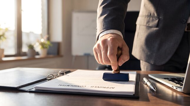 Businessman hand stamping document on office desk with laptop