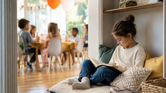 Young girl reading a book while sitting on a cozy cushion in a bright room with children celebrating a birthday party at a table in the background