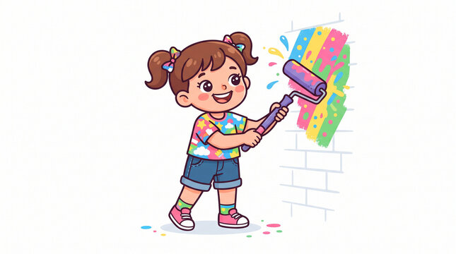 Cute girl wearing shorts painting wall with paint roller cartoon mascot vector illustration with bold outlines on white background