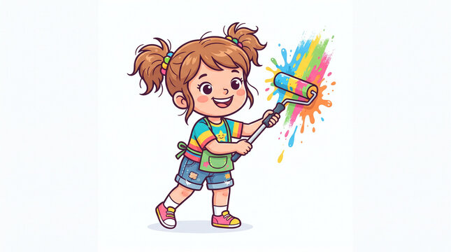 Cute girl wearing shorts painting wall with paint roller cartoon mascot vector illustration with bold outlines on white background