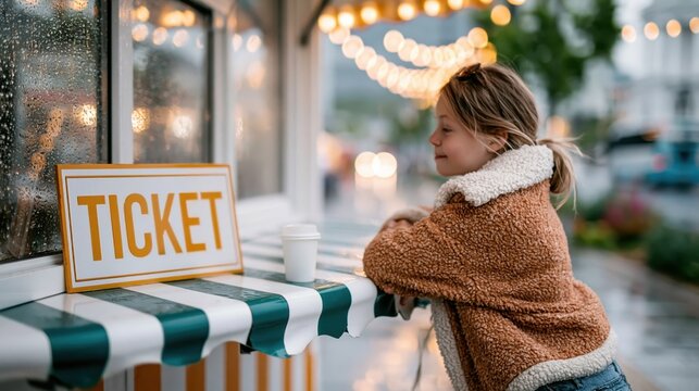 A child gazes longingly at a ticket stand on a rainy day, encapsulating wonder and curiosity amidst a soft, dreamy atmosphere created by the rain and warm lights.