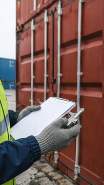 Worker in safety vest holding clipboard and pen checks shipping manifest outside a shipping container at a logistics facility with additional containers in the background
