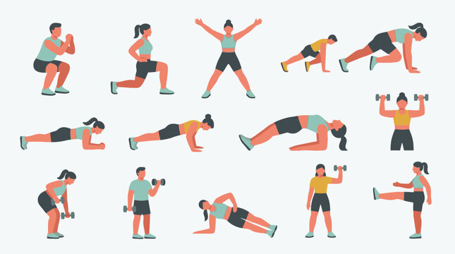 Set of People Doing Workout Exercises Fitness and Gym Vector Illustration. EPS Editable