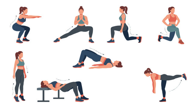 Set of young women doing various fitness and workout exercises isolated on white background. EPS Editable