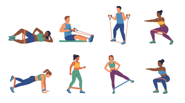 Fitness training workout with resistance bands set vector illustration. EPS Editable