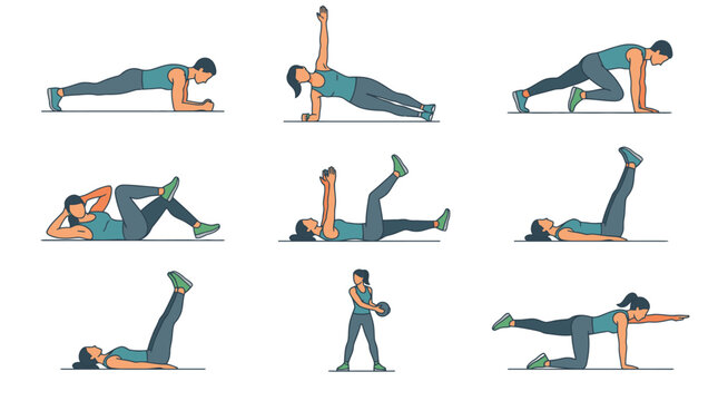 Fitness workout exercise core training vector illustration set. EPS Editable