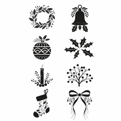 Fototapeta premium Christmas Wreath and Holiday Ornament Icons with Bells Baubles and Festive Decorations