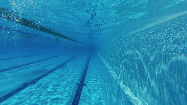 Underwater camera movement in swimming pool with swimmers in lanes