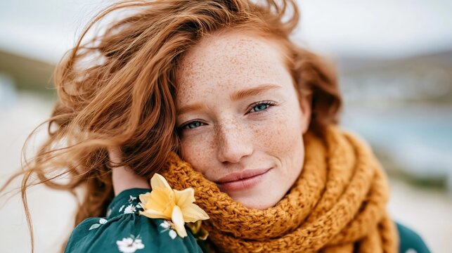 A thoughtful redhead woman with freckles, wrapped in a golden scarf, gazes at the camera against a beach backdrop, embodying grace and beauty in a serene natural setting.