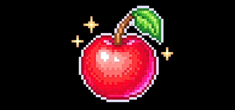 A glowing cherry in retro pixel art style, arranged for eye-catching gaming or arcade-themed designs.