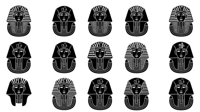 Grid Set of Egyptian Pharaoh Sarcophagus Mask Silhouettes on White Background