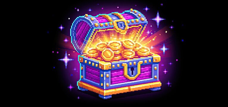 Glowing pixel art treasure chest filled with gold coins, showcasing vibrant colors and a playful fantasy game scene.