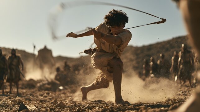 Young shepherd boy using a sling to fight in a dramatic ancient battle scene
