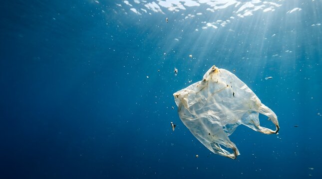 Plastic bag floating in the blue ocean water.