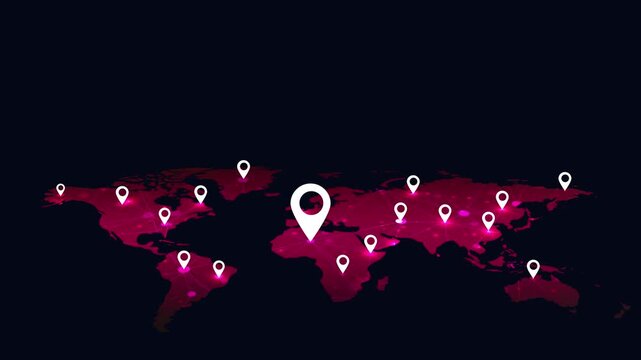 pink world map animation with white location pins network connections gps navigation destination pointers graphic element seamless looping video asset 4k resolution