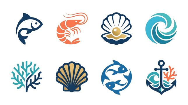 Vector illustration of minimalist ocean and marine life logo icons set featuring fish, shrimp, oyster with pearl, sea wave, coral reef, seashell, and anchor concepts