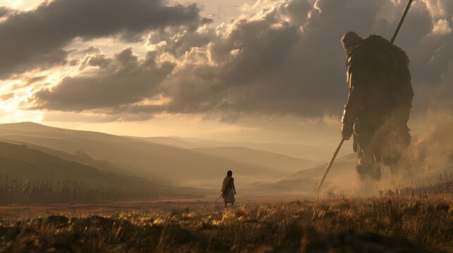 Young david standing before the massive giant goliath on a dusty battlefield at sunset