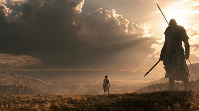 A lone warrior facing a massive army on a vast, dusty landscape under a dramatic, cloudfilled sunset sky