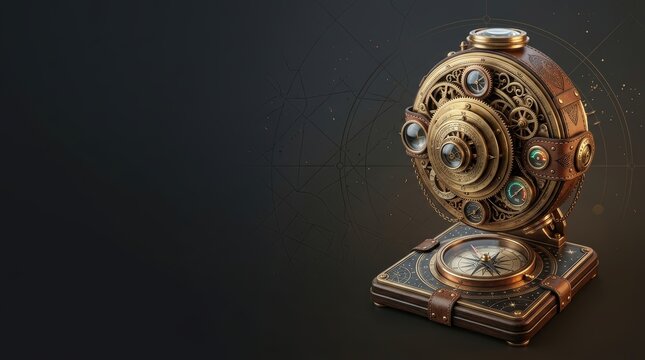 Cinematic steampunk astrolabe banner with brass gears and leather on dark background with copy space.