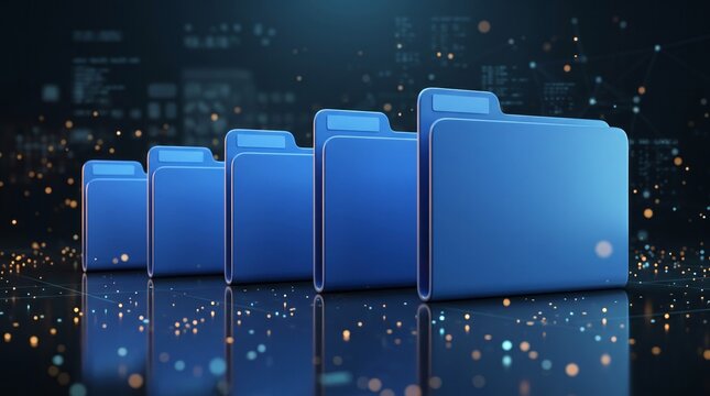 Bright blue digital document folders standing in a neat row represent organized data storage systems for modern corporate computer networks