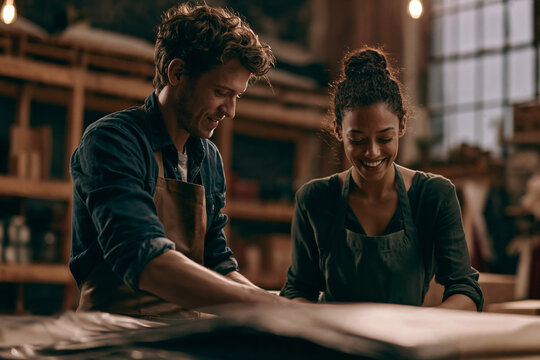 Two artisans wearing aprons smile as they work a large piece of leather together at a workbench in a warm rustic workshop lined with wooden shelves and tools.