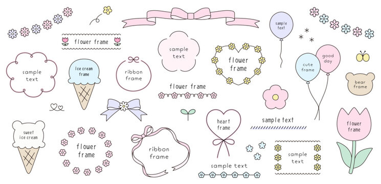 かわいい花のフレームのベクターイラストセット。リボン、アイス、枠