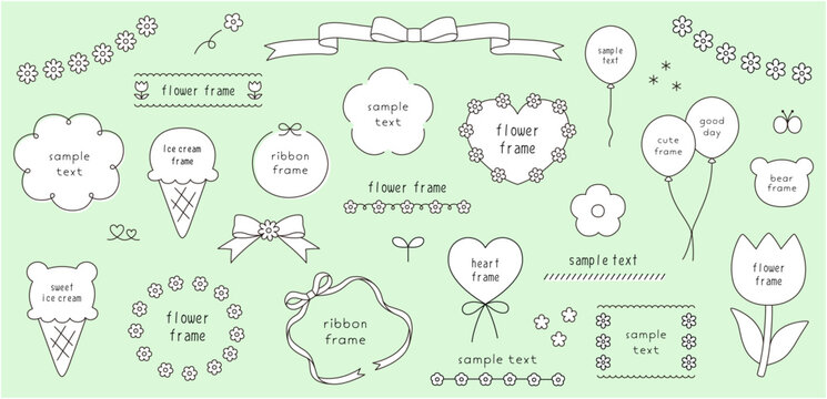 かわいい花のフレームのベクターイラストセット。リボン、アイス、枠