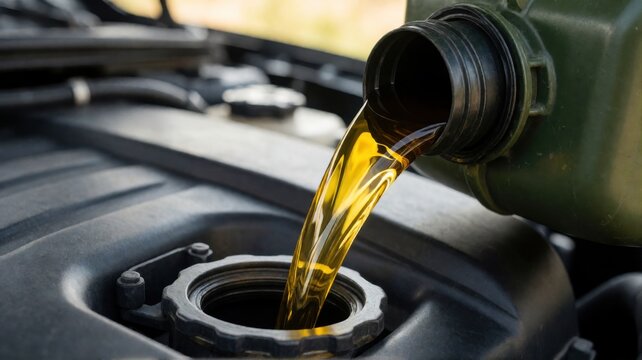 A stream of golden engine oil is being poured from a green plastic container into an open car engine.