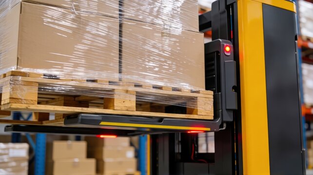 A close-up view shows a forklift lifting a wooden pallet stacked with shrink-wrapped cardboard boxes.
