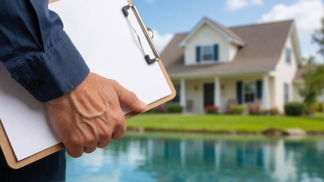 A man in a blue uniform holds a blank clipboard, with a residential home near a pond in the background.