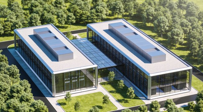 An aerial view of a modern data center building surrounded by green trees and well-kept lawns.